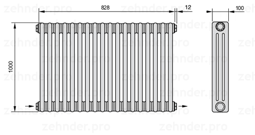 Схема (чертеж) Радиатор Zehnder Charleston 3100/18 №2670 Белый глянцевый RAL 9016